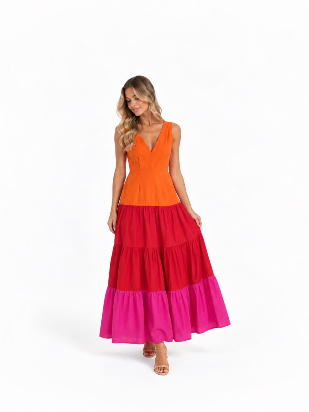 Milly Colorblock Tiered Maxi Dress – Orange Pink Red | Size 2